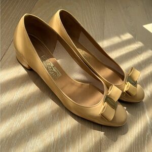 Salvatore Ferragamo Vara Patent Leather, Cream & Taupe Pump Flats